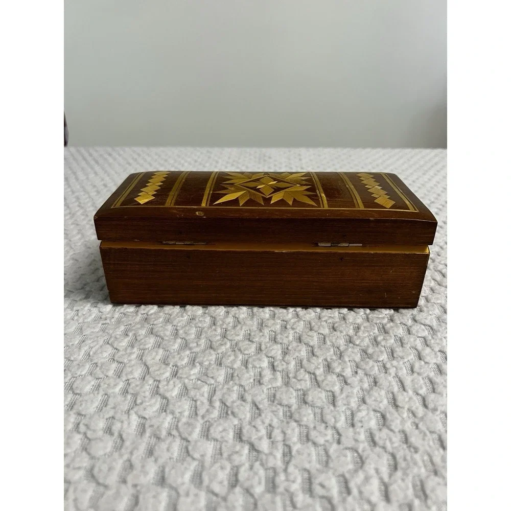 Vtg USSR Russian Inlaid Wood Jewelry Trinket Box Soviet Era MCM Boho Handmade